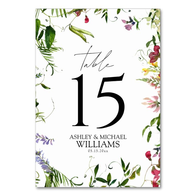 Modern Summer Wildflower Watercolor Reception Table Number (Front)