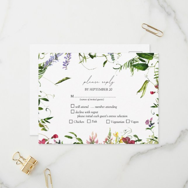 Modern Summer Wildflower Watercolor Wedding RSVP Invitation Postcard (Front/Back In Situ)