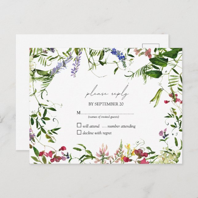 Modern Summer Wildflower Watercolor Wedding RSVP Invitation Postcard (Front/Back)