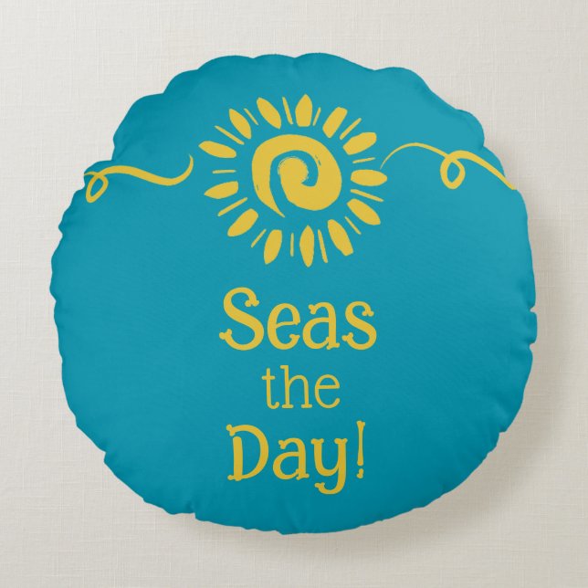 Modern Sun Blue Yellow Beach House Seas Day Quote Round Cushion (Front)