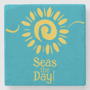 Modern Sun Blue Yellow Beach House Seas Day Quote Stone Coaster