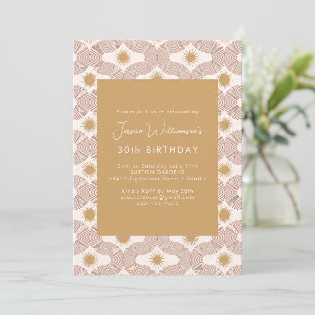 Modern Sun Moon Line Terracotta Gold 30th Birthday Invitation (Standing Front)