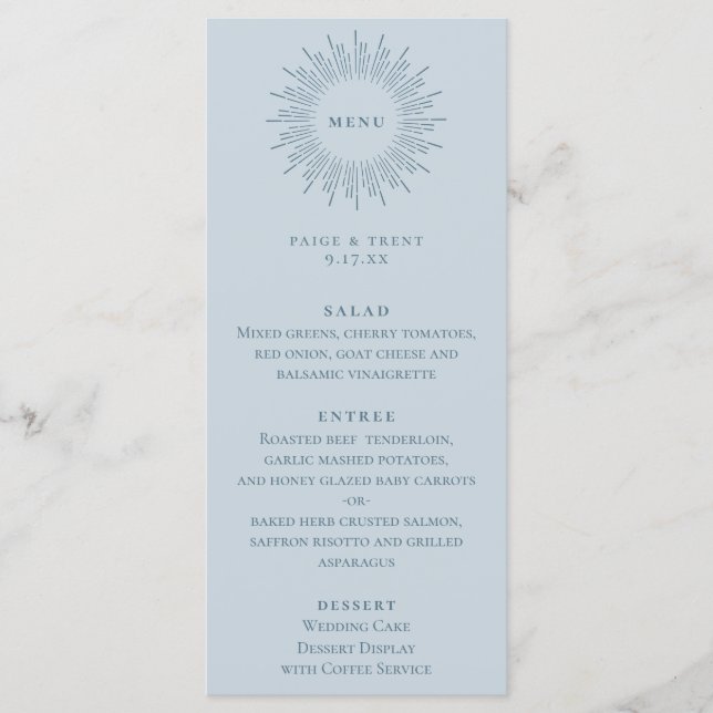 Modern Sunburst Pastel Blue Wedding Menu (Front)