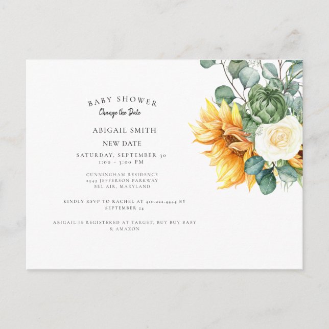 Modern Sunflower Baby Shower Change the Date Annou Announcement Postcard (Front)