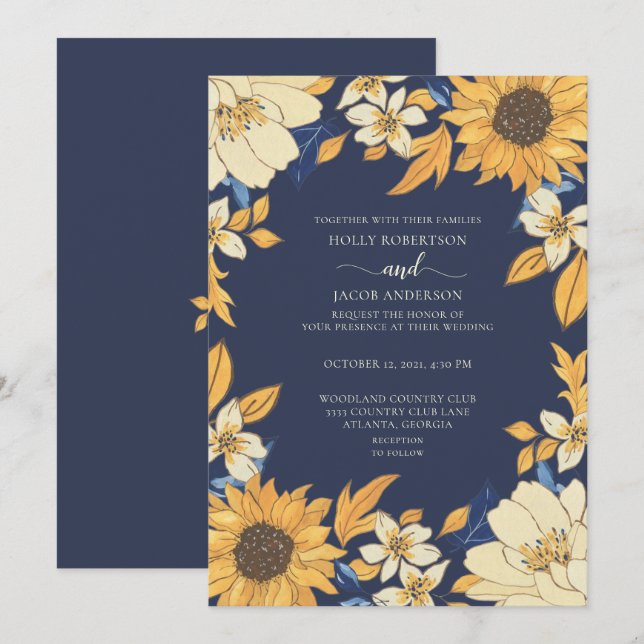 Modern Sunflower Blue Yellow Cream Floral Wedding Invitation (Front/Back)