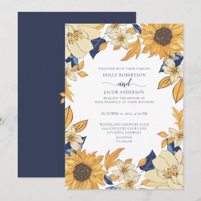Modern Sunflower Blue Yellow Floral Wedding Invitation (Front/Back)