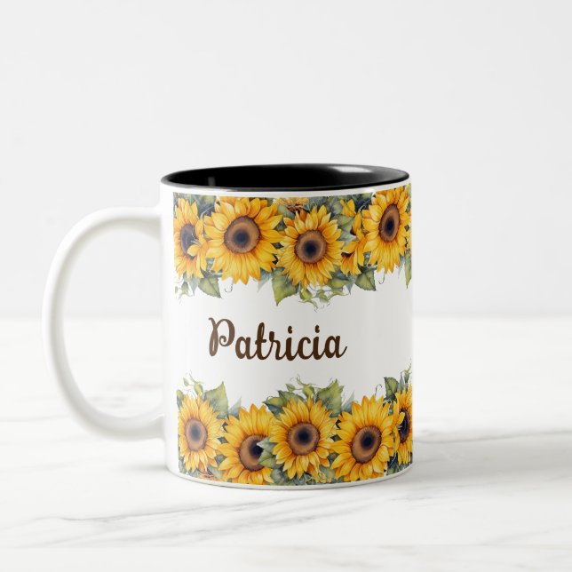 Modern Sunflower | Bright Yellow Floral Design Two-Tone Coffee Mug (Left)