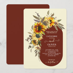 Modern Sunflower Brown Yellow Cream Fall Wedding Invitation