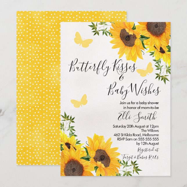 Modern Sunflower Butterfly Baby Shower Invitation (Front/Back)