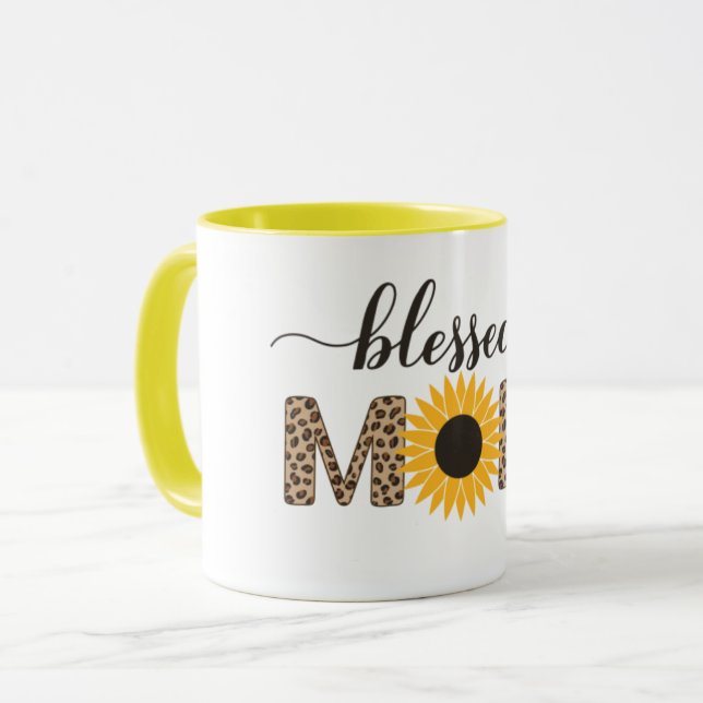 Modern Sunflower & Cheetah Blessed Mum Coffee Mug (Front Left)
