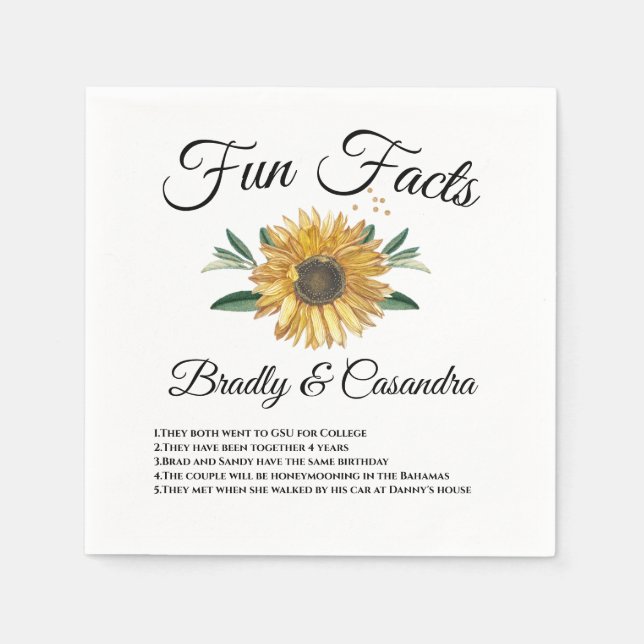 Modern Sunflower Chic Typography Wedding Fun Fact Napkin (Front)