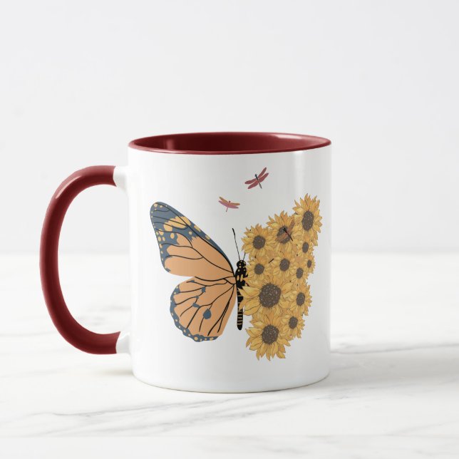 Modern Sunflower Collage Butterfly and Dragonfly  Mug (Left)