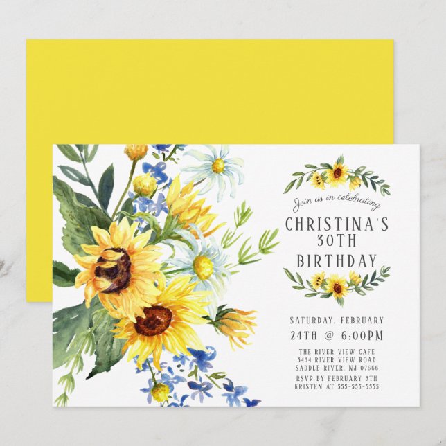 Modern Sunflower Daisy Birthday Party Invitation (Front/Back)