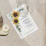 Modern Sunflower Eucalyptus Greenery Wedding Invitation<br><div class="desc">Create a modern Sunflower Floral Budget Wedding invitation card with this cute template featuring beautiful rustic floral bouquet, geometric gold effect frame, with modern simple typography. TIP: Matching wedding suite cards like RSVP, wedding programs, banners, tapestry, gift tags, signs, and other wedding keepsakes and goodies are available in the collection...</div>