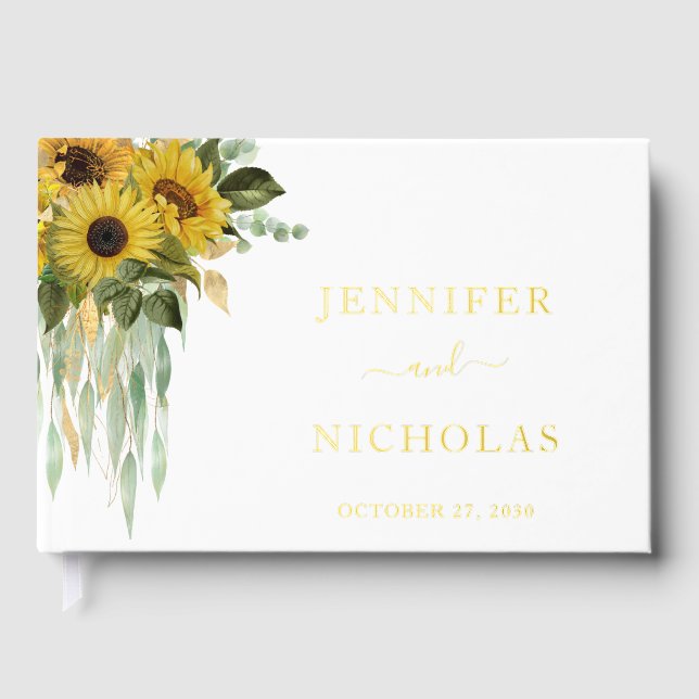 Modern Sunflower Eucalyptus Wedding Gold Guest Book (Front)