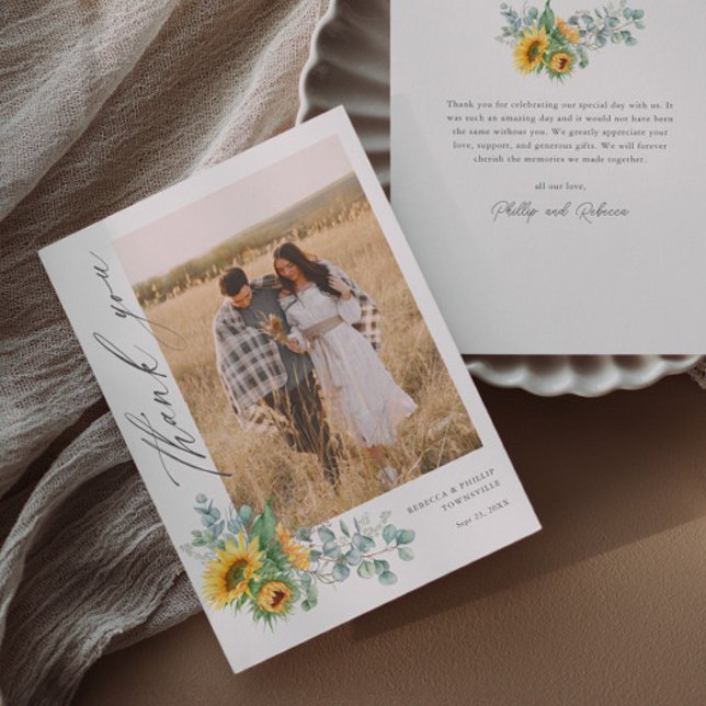 Modern Sunflower Eucalyptus Wedding Photo  Thank You Card (Elegant rustic sunflower eucalyptus script wedding photo thank you cards.)