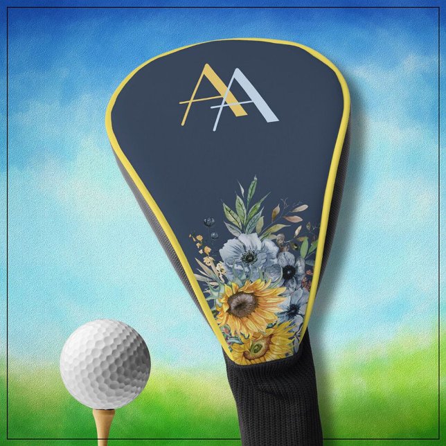 Modern Sunflower Floral Custom Monogram  Golf Head Cover (Creator Uploaded)
