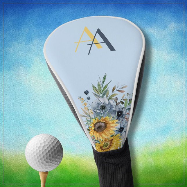 Modern Sunflower Floral Custom Monogram  Golf Head Cover (Creator Uploaded)