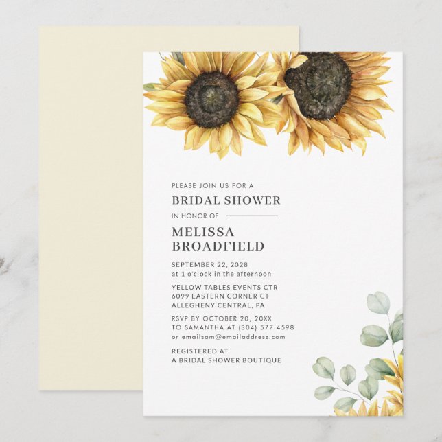 Modern Sunflower Floral Eucalyptus Bridal Shower Invitation (Front/Back)