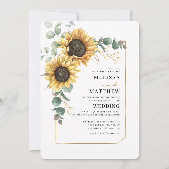 Modern Sunflower Floral Eucalyptus Wedding Invitation (Front)