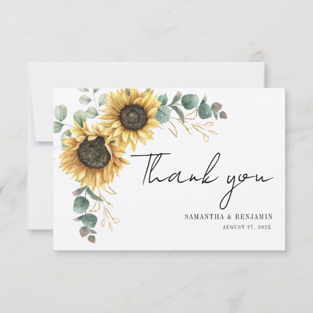 Modern Sunflower Floral Eucalyptus Wedding Thank You Card (Front)