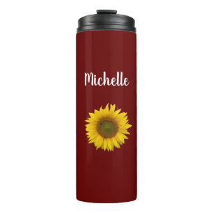 Modern Sunflower Floral Personalised Red Thermal Tumbler