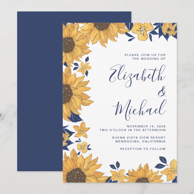 Modern Sunflower Floral Watercolor Wedding Invitation (Front/Back)