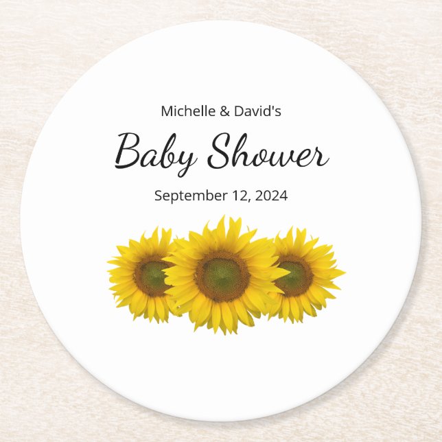 Modern Sunflower Gender Neutral Baby Shower  Round Paper Coaster (Front)