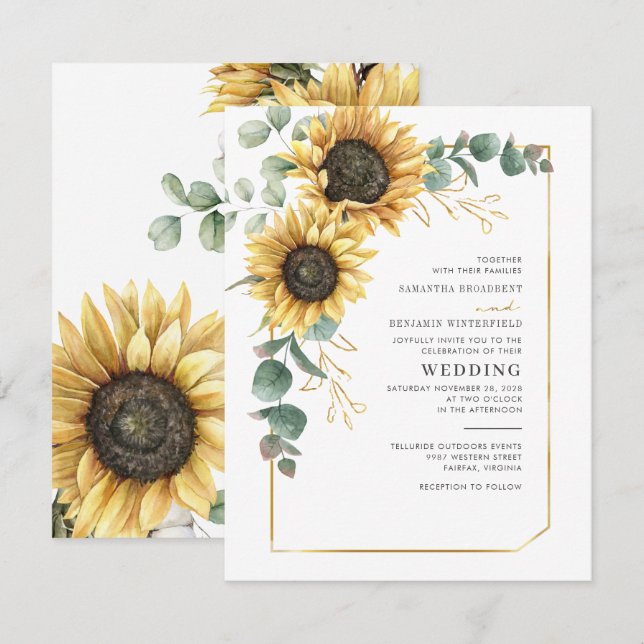Modern Sunflower Geometric Eucalyptus Wedding Invitation (Front/Back)