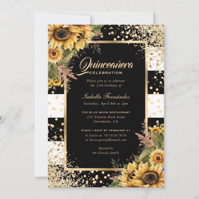 Modern Sunflower Gold Black White Quinceañera Invitation (Front)