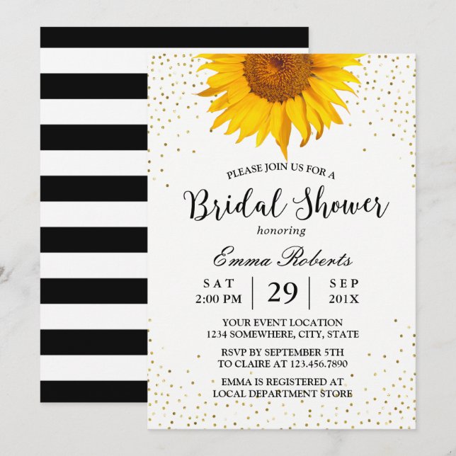 Modern Sunflower Gold Confetti Dots Bridal Shower Invitation (Front/Back)