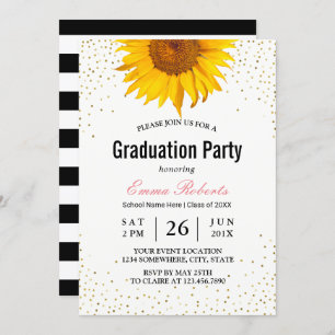 Modern Sunflower Gold Confetti Dots Graduation Invitation