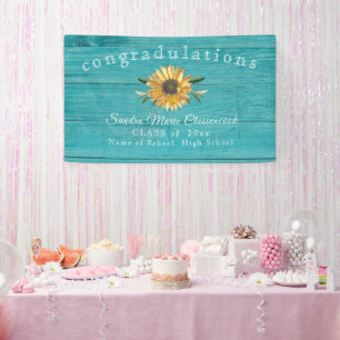 Modern Sunflower graduation Rustic teal Wood Banne Banner