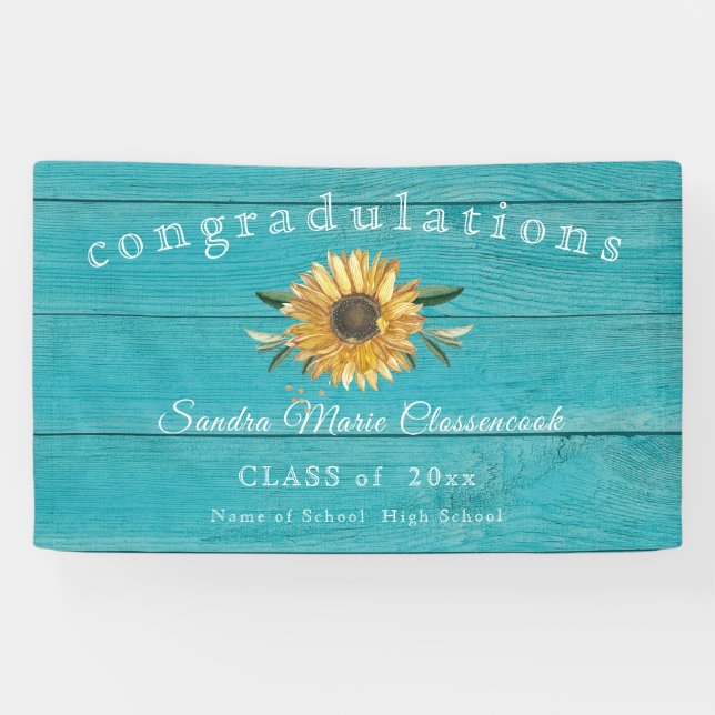 Modern Sunflower graduation Rustic teal Wood Banner (Horizontal)