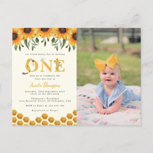Modern Sunflower Honeycomb First Bee-day Photo Invitation Postcard