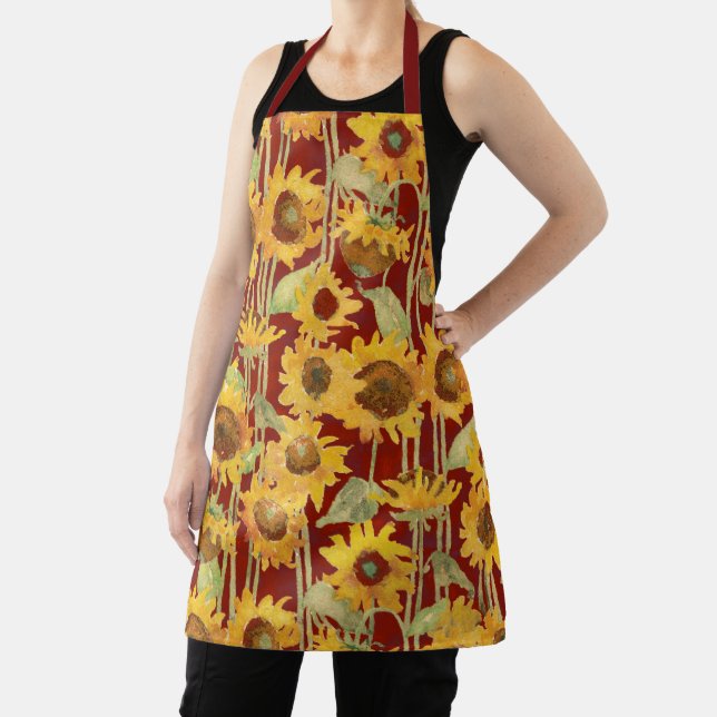 Modern Sunflower on Red Watercolor Floral Pattern Apron (Insitu)