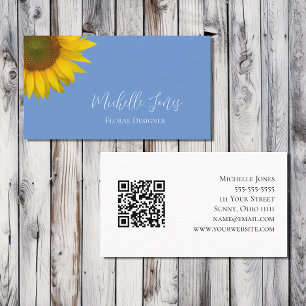 Modern Sunflower QR code Blue Botanical  Business Card