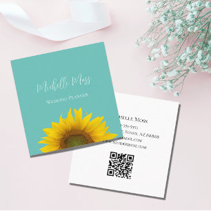 Modern Sunflower QR code Trendy Teal Green Square Business Card