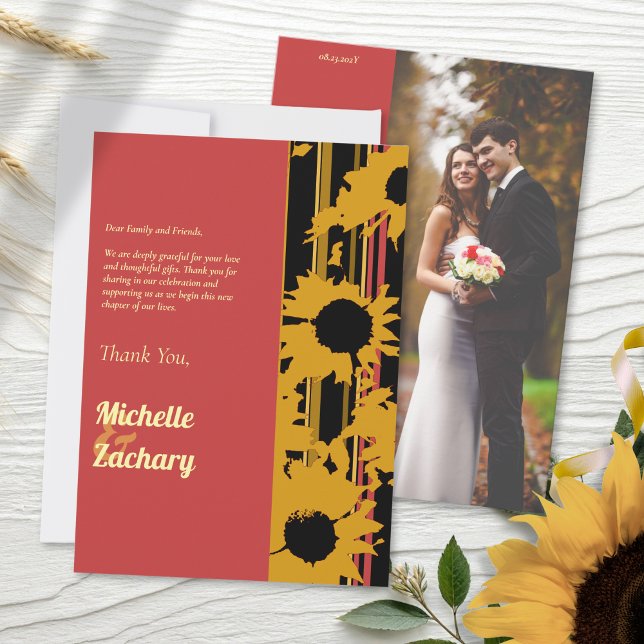 Modern Sunflower Sunset Coral Gold Wedding Thank You Card (Creator Uploaded)