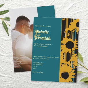 Modern Sunflower Teal Blue Gold Wedding Invitation