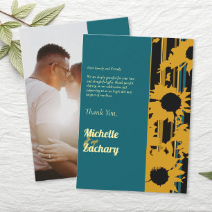 Modern Sunflower Teal Blue Gold Wedding Thank You Card