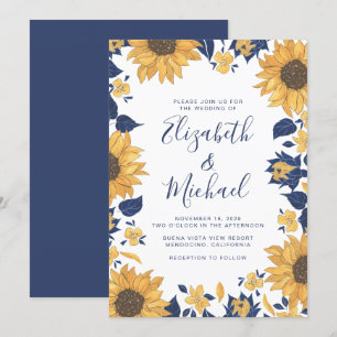 Modern Sunflower Watercolor Blue Wedding Invitation