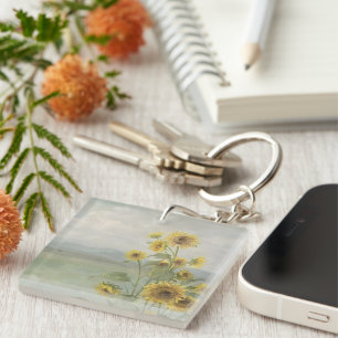 Modern sunflower Watercolor & personalise Image Key Ring