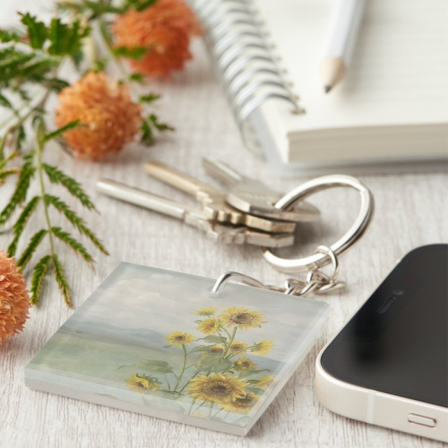 Modern sunflower Watercolor & personalise Image Key Ring (Front Right)