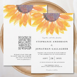 Modern Sunflower Watercolor QR Code Wedding Invitation