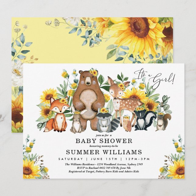 Modern Sunflower Woodland Animals Girl Baby Shower Invitation (Front/Back)