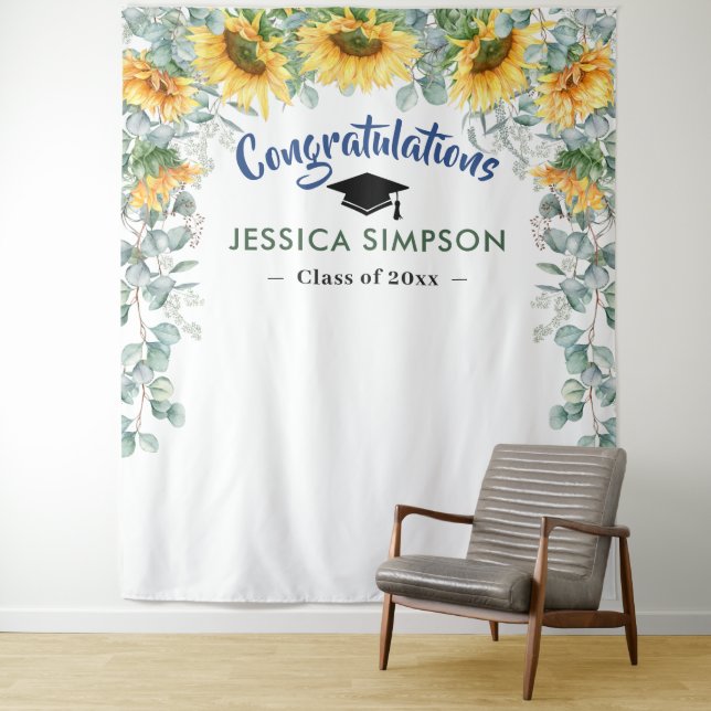 Modern Sunflowers Eucalyptus Photo Booth Backdrop Tapestry (In Situ)
