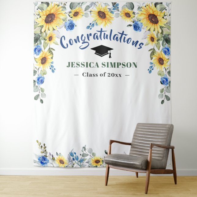 Modern Sunflowers Eucalyptus Photo Grad Backdrop Tapestry (In Situ)