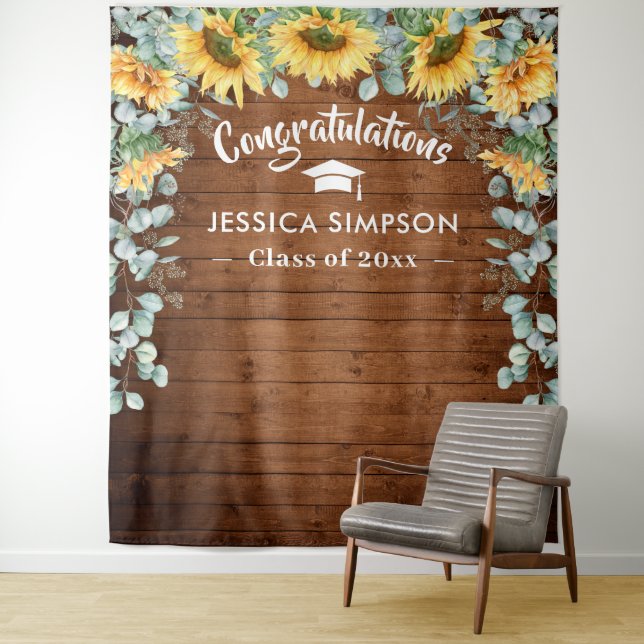 Modern Sunflowers Eucalyptus Rustic Photo Backdrop Tapestry (In Situ)