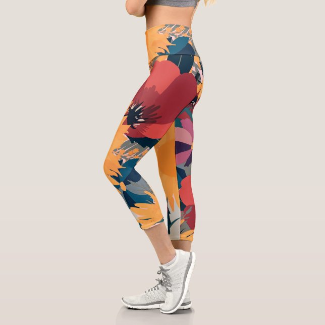 Modern Sunflowers Floral Autumn Colours Design Capri Leggings (Left)